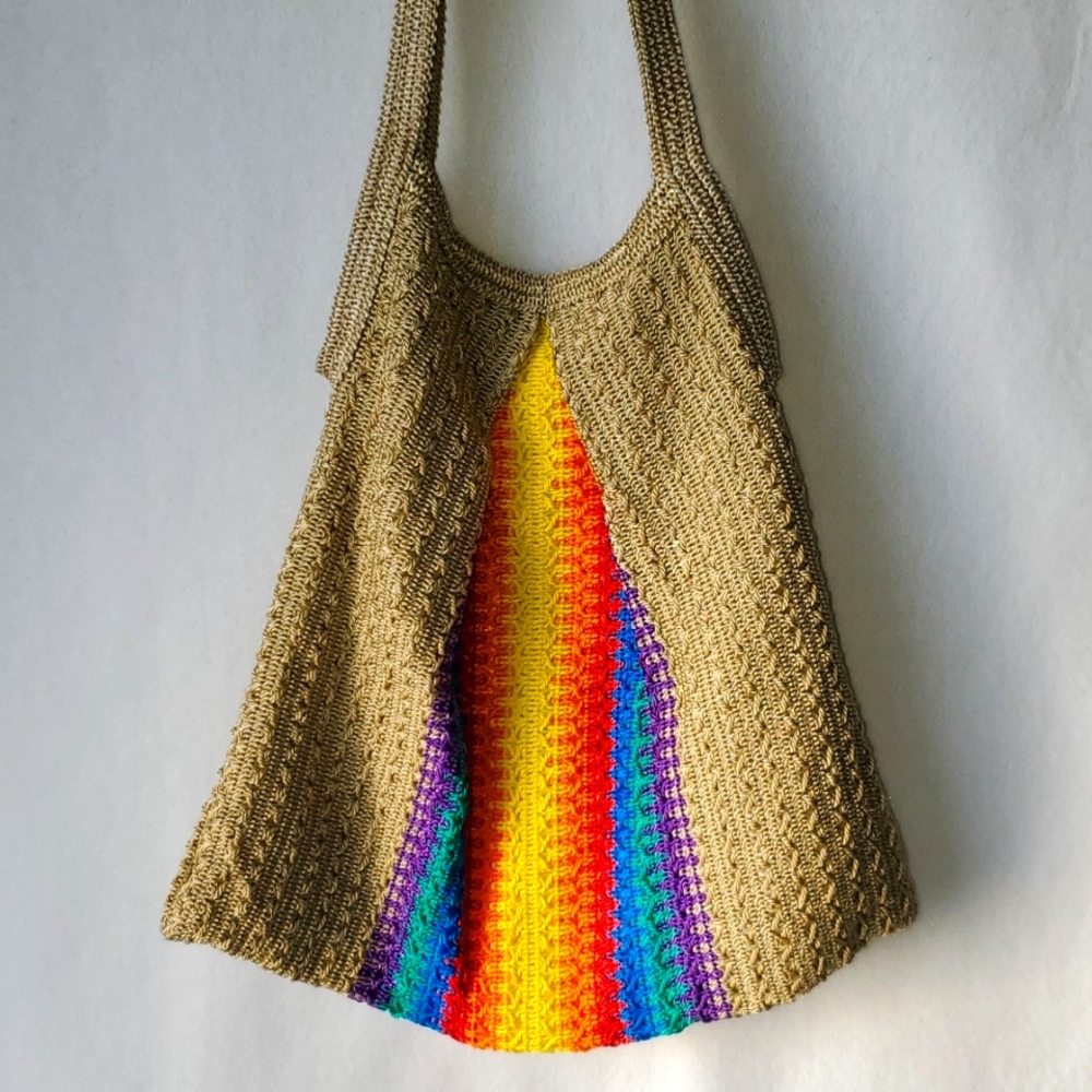 Womens beige crochet shoulder bag with multi color sides - Picture 2 of 5